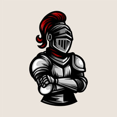 knight full armor logo character isolated colored drawing line art style sketch classic vintage design illustration