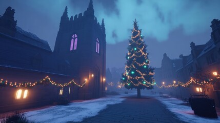 Naklejka premium A desolate city square with towering buildings softly glowing on New Years night, under a blanket of fog.