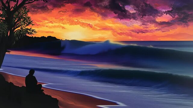 Contemplative silhouette vibrant sunset beachscape
