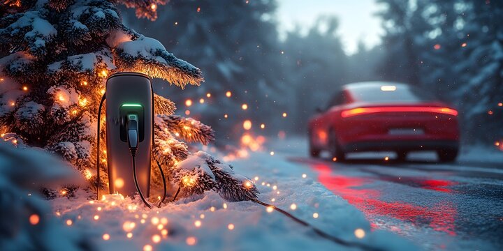 EV Winter Holiday Celebration with Electric Vehicle Charger in Festive Snowy Landscape 

