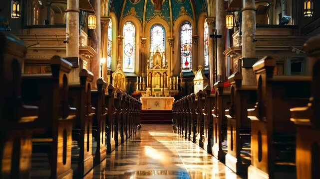 christianity and catholicism background - interior of beautiful catholic church with beautiful sunset light