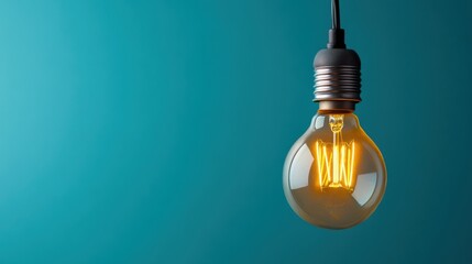 Vintage Light Bulb with Warm Glow Hanging Against a Teal Background Illuminating a Minimalist Space