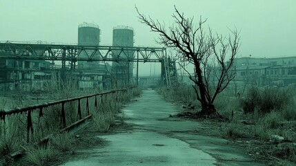 Obraz premium A desolate pathway flanked by towering structures and sparse, dormant trees under a hazy, cold sky.