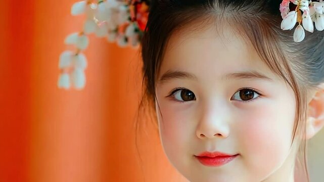  Young girl smiles sweetly while celebrating shichi go san at a local shrine. She is dressed in a vibrant red kimono with her hair done up in a traditional style. Copy space