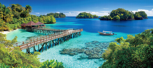 Obraz premium Rustic wooden pier reaching out into a tropical bay surrounded by lush greenery and clear turquoise waters with a small boat tied to the pier and the sound of waves lapping the shore