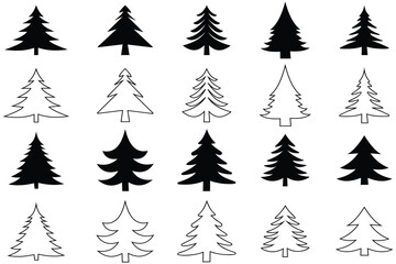 Set of Christmas trees, Christmas, Pine, tree line icon. Christmas trees icon, vector set. Set of black Christmas tree icons silhouette design. Pine tree icon, vector, silhouette set. Tree vector.