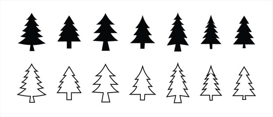 Obraz premium Christmas tree icon set, Christmas, Pine, tree line icon. Christmas trees icon, vector set. Set of black Christmas tree icons silhouette design. Pine tree icon, vector, silhouette set. Tree vector.