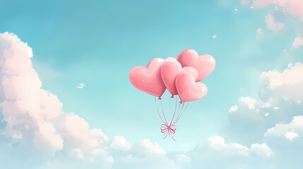 Fototapeta premium Pink heart-shaped balloons floating in a blue sky with clouds for Valentine's Day