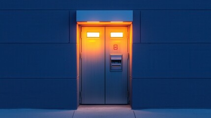 Electrical outlets plug and compact, A glowing entrance door is framed by a cool blue wall, creating a striking contrast that invites curiosity.