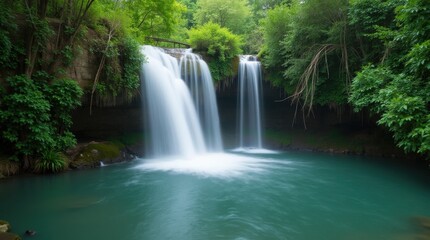 Obraz premium Serene Waterfall Amidst Lush Foliage