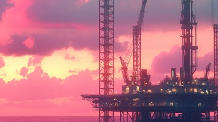 Obraz premium Offshore oil rig at sunset, dramatic sky.