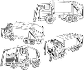 Vector sketch illustration of silhouette design of garbage truck transportation for transporting garbage to landfill