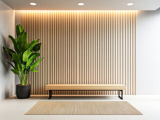 A large wooden wall with a bench and a potted plant in front of it