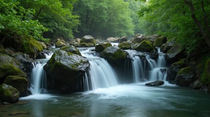 Fototapeta premium Tranquil Waterfall Surrounded by Lush Greenery
