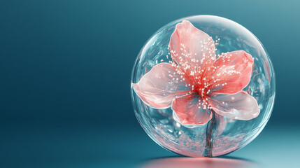 Abstract glowing low polygonal pink flower inside of transparent sphere on blue background. Nature inspired innovation, Natural elements technology integration futuristic concept. Vector illustration.