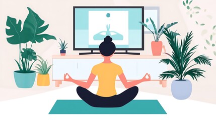 Obraz premium A person doing yoga at home in front of a TV screen with an online class playing, creating a comfortable home workout environment 