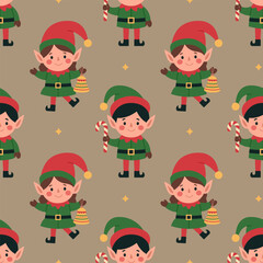 Seamless pattern with little cute elves on beige background. Santa helpers. Boy with candy cane and girl with bell. Christmas characters. Vector flat illustration for wallpaper, textile, packaging