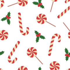 Seamless pattern with candy canes, lollipops and holly on white background. Traditional red and white Christmas sweets. Vector flat illustration for wallpaper, textile, packaging