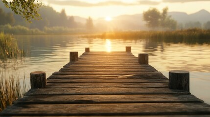 Serene sunrise over calm lake with wooden dock.
