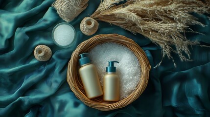 Obraz premium Bathroom concept with set of product bottles unbranded and jar of salt bath decorated on bamboo basket on silk fabric background. top view, mockup for design packaging. 