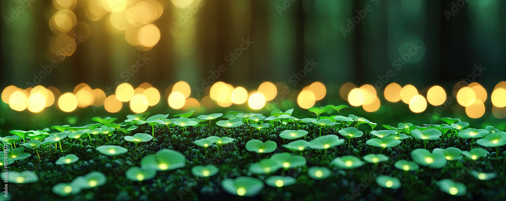 Poster a serene forest scene with vibrant green leaves and soft glowing bokeh effects.