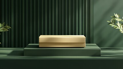 Beautiful cardboard box packaging on green geometric pedestal display. product mockup. Ultra realistic. Photorealistic hypermaximalist advertising photography hyper realistic fine detail