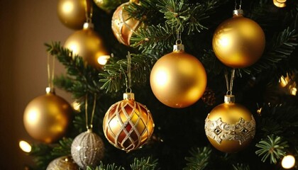 Golden Christmas Ornaments Hanging on a Festive Tree with Warm Lighting