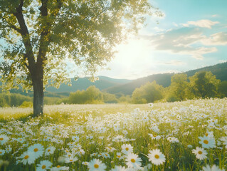 Obraz premium Daisy Field Summer Landscape Illustration