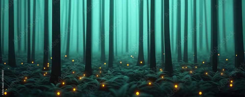Poster a serene forest with glowing lights, creating a mystical atmosphere under tall trees.