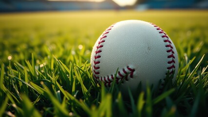 A baseball sits nestled in a bed of fresh, green grass, a symbol of summer and the thrill of the game.