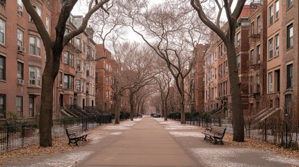 A frosty footpath stretching through urban blocks, bordered by barren trees and muted tones of a cold day.