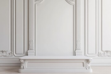 Fototapeta premium A minimalist white wall with decorative moldings and a simple pedestal.