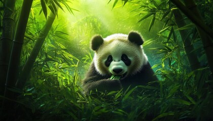 A panda munching on bamboo in a lush, green forest setting.