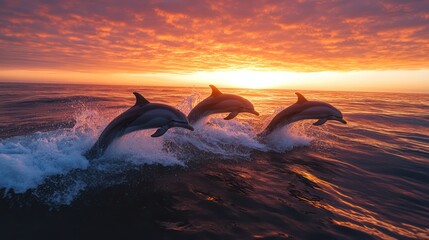 Fototapeta premium A playful group of dolphins leaping through the waves in the ocean at sunset.