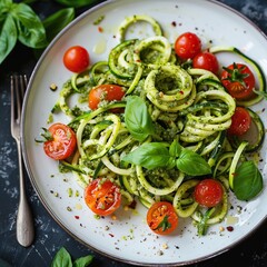 Zoodles with pesto, cherry tomatoes, and basil.