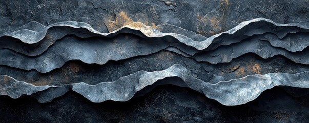 A layered, textured surface resembling rock or metal, showcasing natural patterns and tones in shades of gray and blue.
