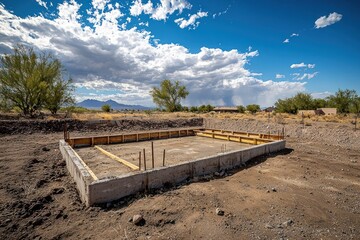 Fototapeta premium A freshly poured concrete foundation with steel rebars and wooden planks, laid out on barren land, ready for construction.
