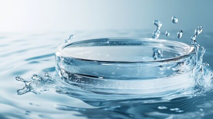 Empty circular glass podium placed on clear blue water with splashes in a mockup scene ideal for highlighting natural purity and a fresh feel of cosmetic product displayed in the copy space image.
