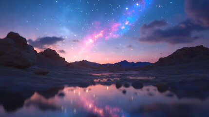 Fototapeta premium Surreal desert landscape reflecting a vibrant nebula and starry night sky in a calm pool of water.