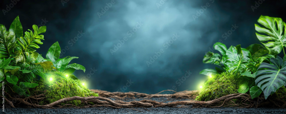 Poster a serene scene of lush greenery illuminated by soft glowing lights in a dark environment.