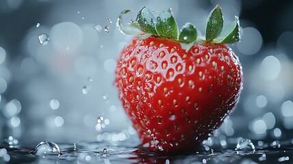 Refreshing heart-shaped strawberry splashing in water nature close-up