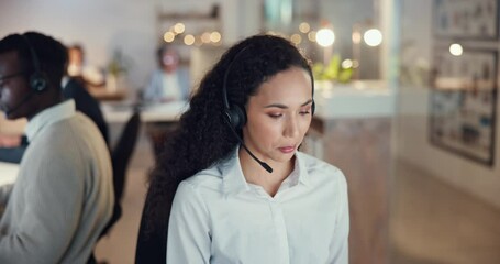 Call center, consulting and night with business woman for customer support, telemarketing or mortgage broker. Contact us, real estate advisor and communication with person at help desk office
