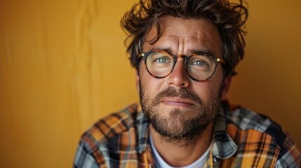 Obraz premium A man with glasses and tousled hair poses thoughtfully against a bright yellow wall, showcasing a casual plaid shirt