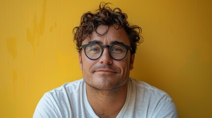 Obraz premium A cheerful man with curly hair sits against a vibrant yellow wall, exuding a warm smile and positive energy in a relaxed indoor space