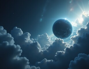 Obraz premium A breathtaking view of a celestial landscape, featuring a vibrant planet, a smaller moon, and a breathtaking sunset over a sea of fluffy clouds.