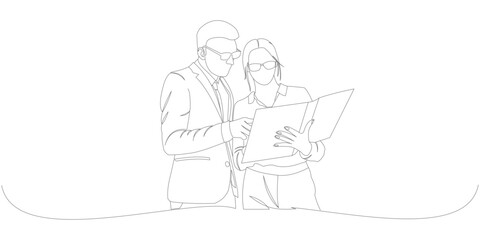 vector design of business men and women in line art style, continuous line