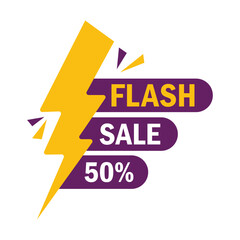 Flash sale logo vector banner design. Flash Sale 50% off Logo Concept with thunderbolt.
