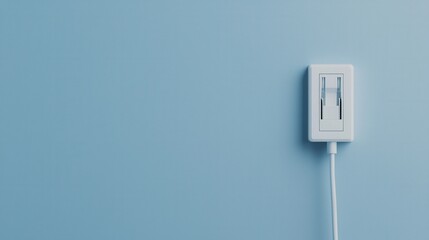 Electrical outlets plug and compact, A simple white switch mounted on a blue wall, with a cord extending from it, creating a minimalist and modern aesthetic.