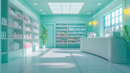 Interior view of a contemporary, unoccupied pharmacy with a stylish shop background. minimalist backgrounds. 