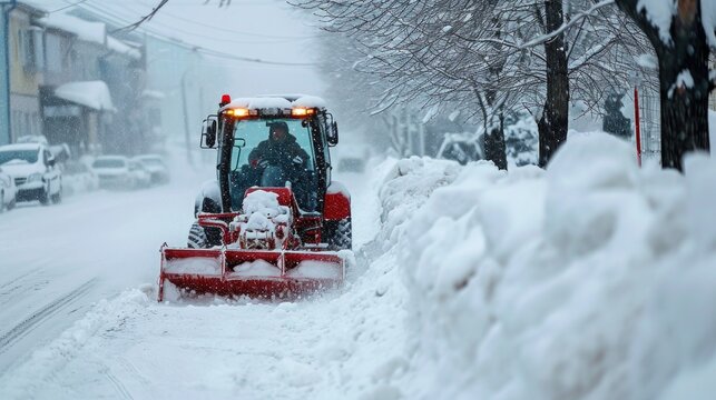 Man operating snow plow on street during winter storm. - Powered by Adobe